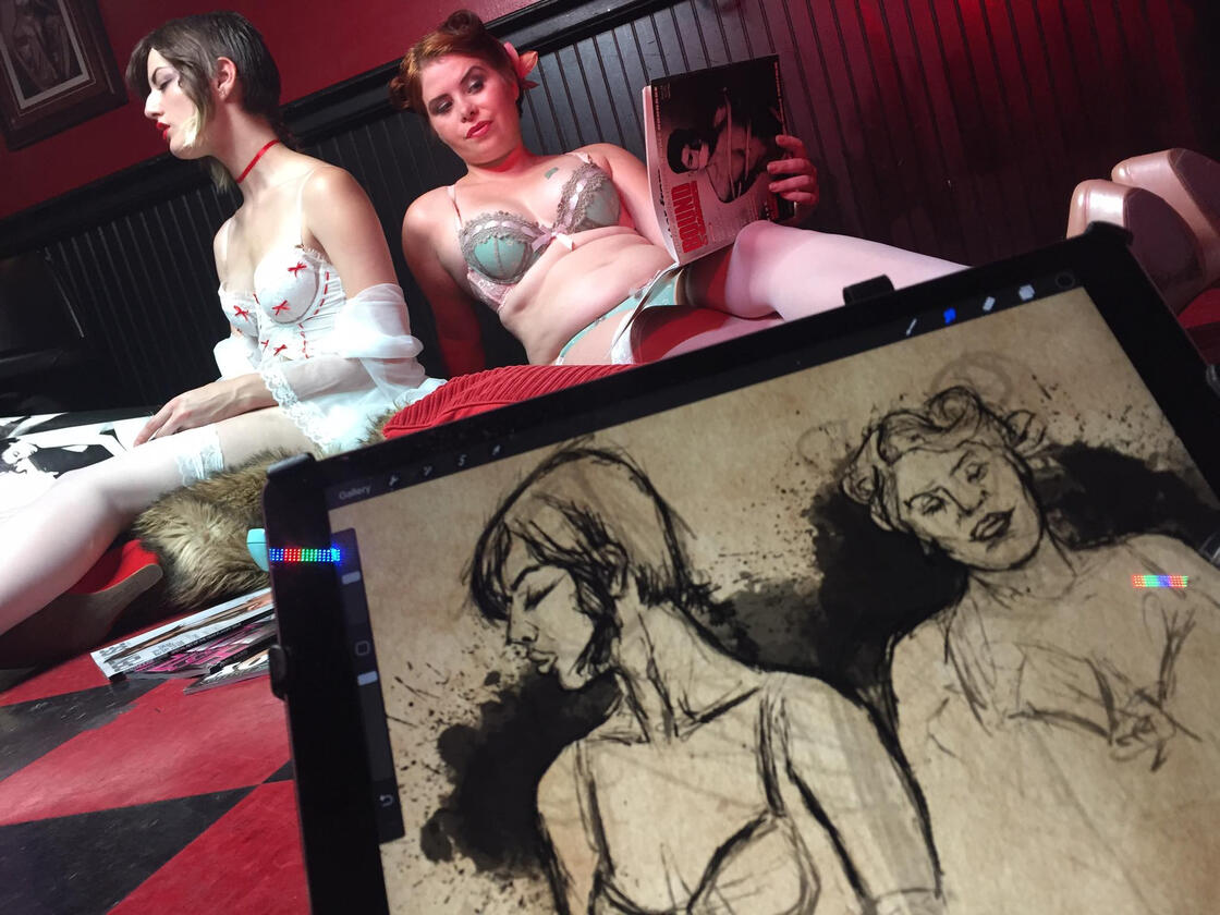 Sitting with Mel Heflin for Oddity Bars art market and sketch night